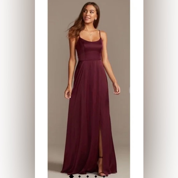Wine Celebrate DB Studio Crepe-Back Satin Spaghetti Strap Bridesmaid Dress